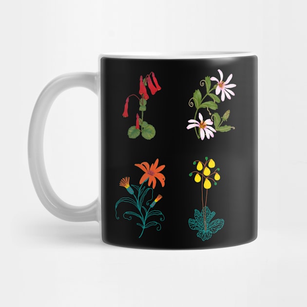 Mountain and forest illustrated wildflowers on black by agus.cami